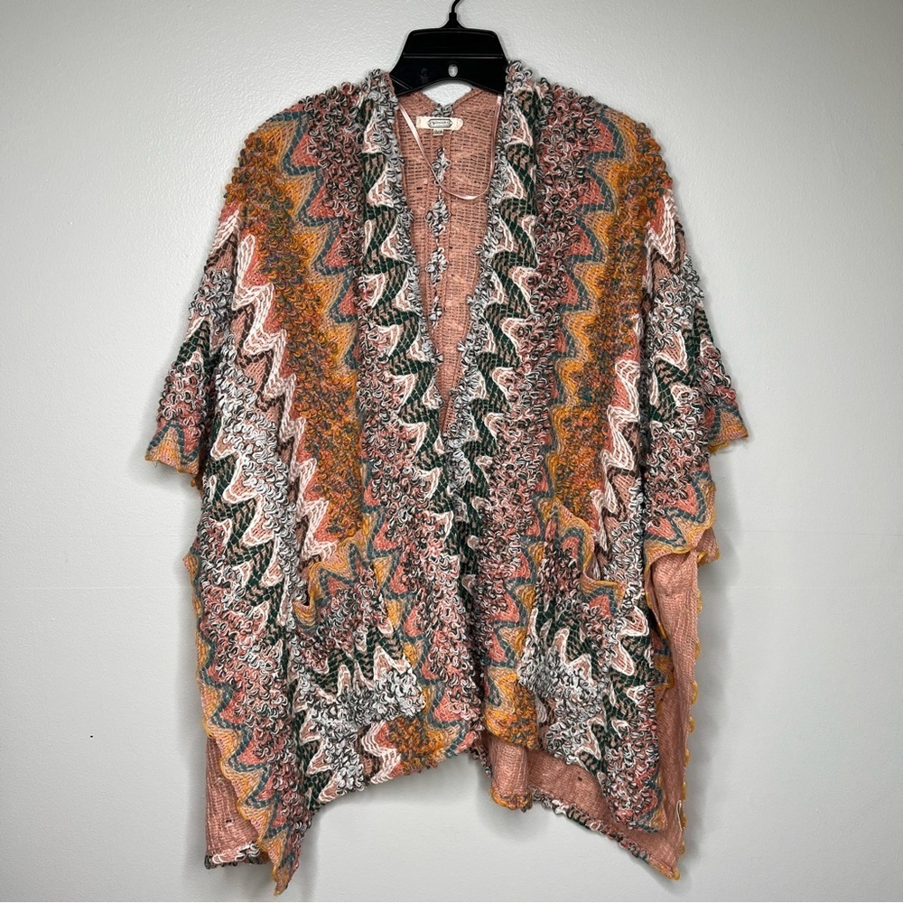 Boho Pink Orange Knit Kimono Wrap Shawl Cape Poncho Pockets One Size Bohemian